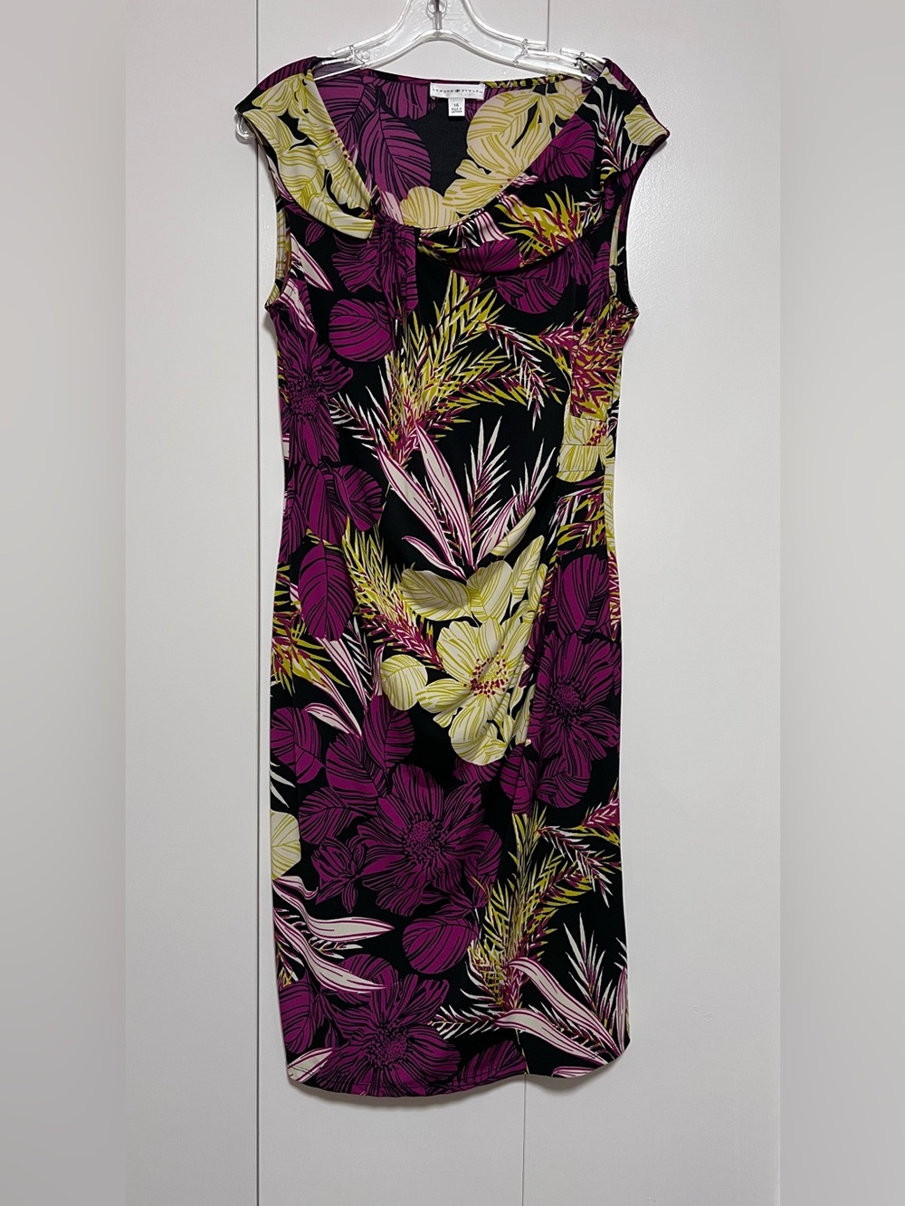 London Style Black Lime Fuchsia Tropical Floral Print Sheath Midi Dress Size 14